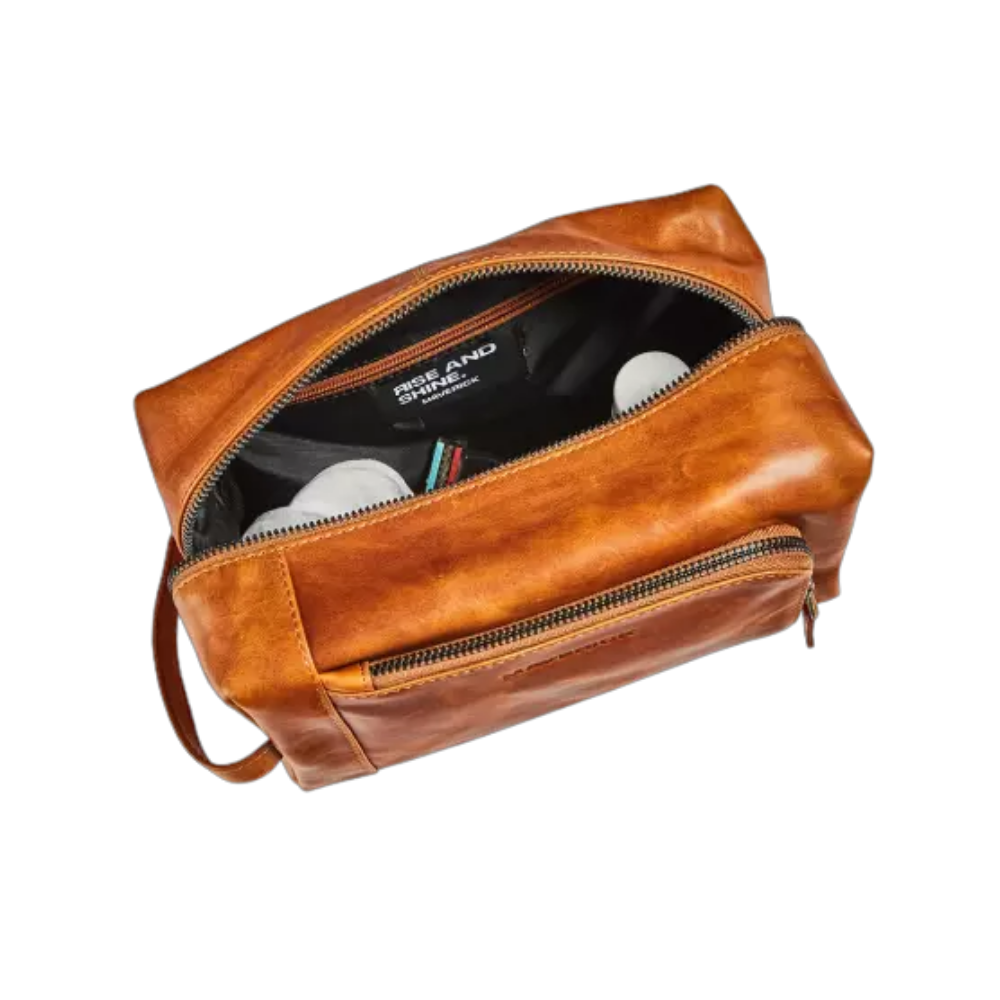 Interior view of Maverick New Men Leather Toiletry Bag showing the spacious compartments.