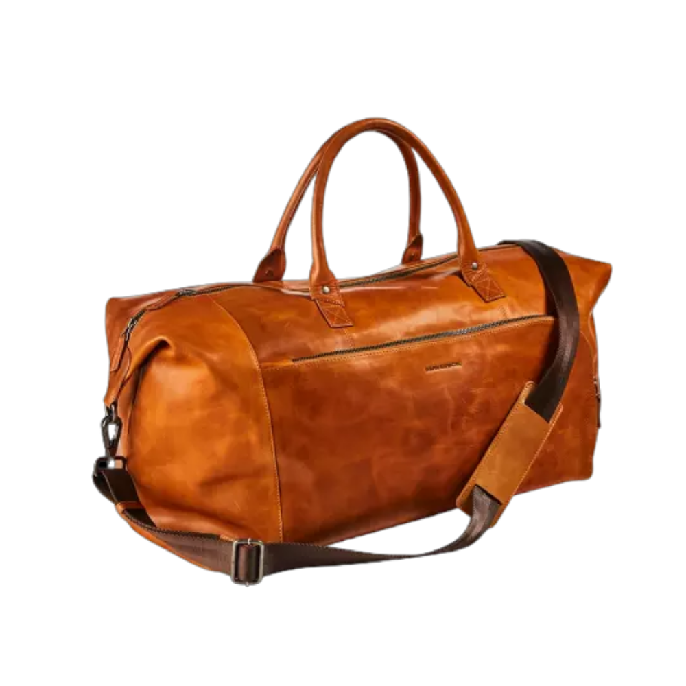 Maverick New Men Leather Weekend Bag in cognac with top handles and removable shoulder strap.