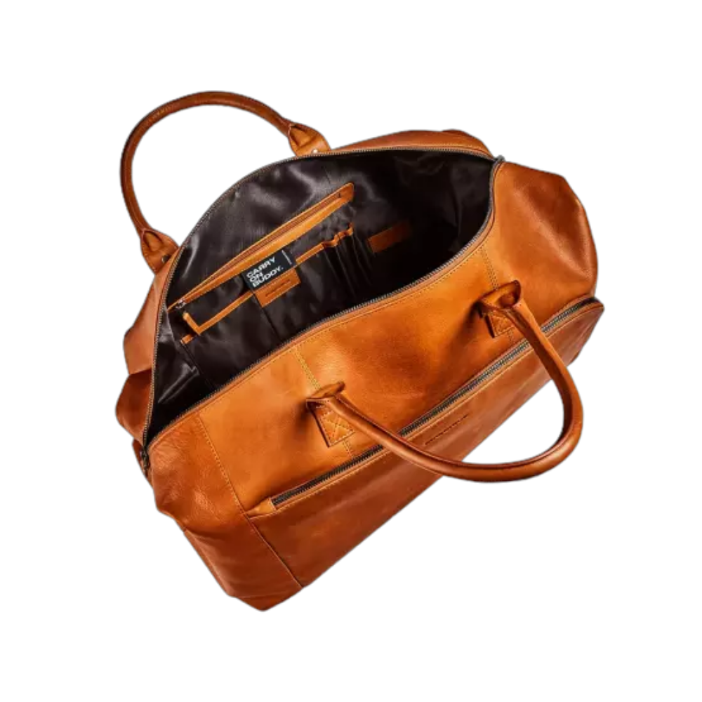 Interior view of Maverick New Men Leather Weekend Bag showing the spacious compartments.