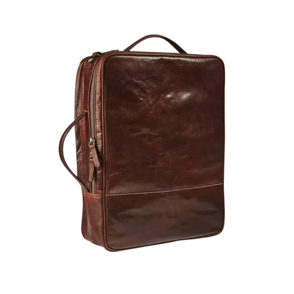Brown leather 2-in-1 business bag and backpack with front zipper pocket and embossed pattern.