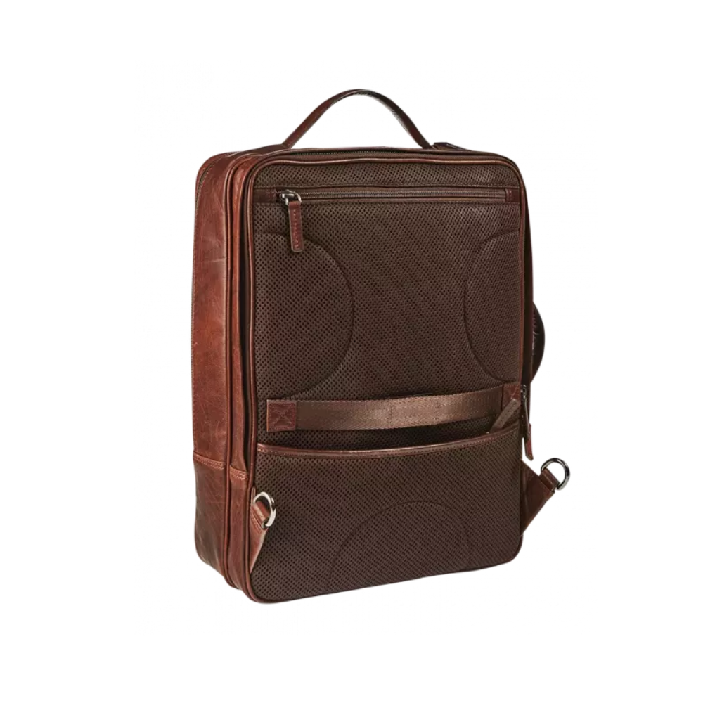 Brown leather 2-in-1 business bag and backpack, front view with embossed circular design.
