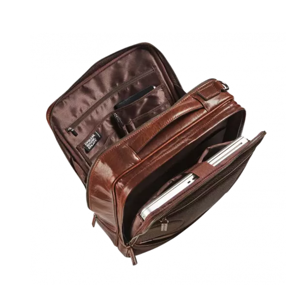 Interior view of brown leather business bag, showing organizational compartments.