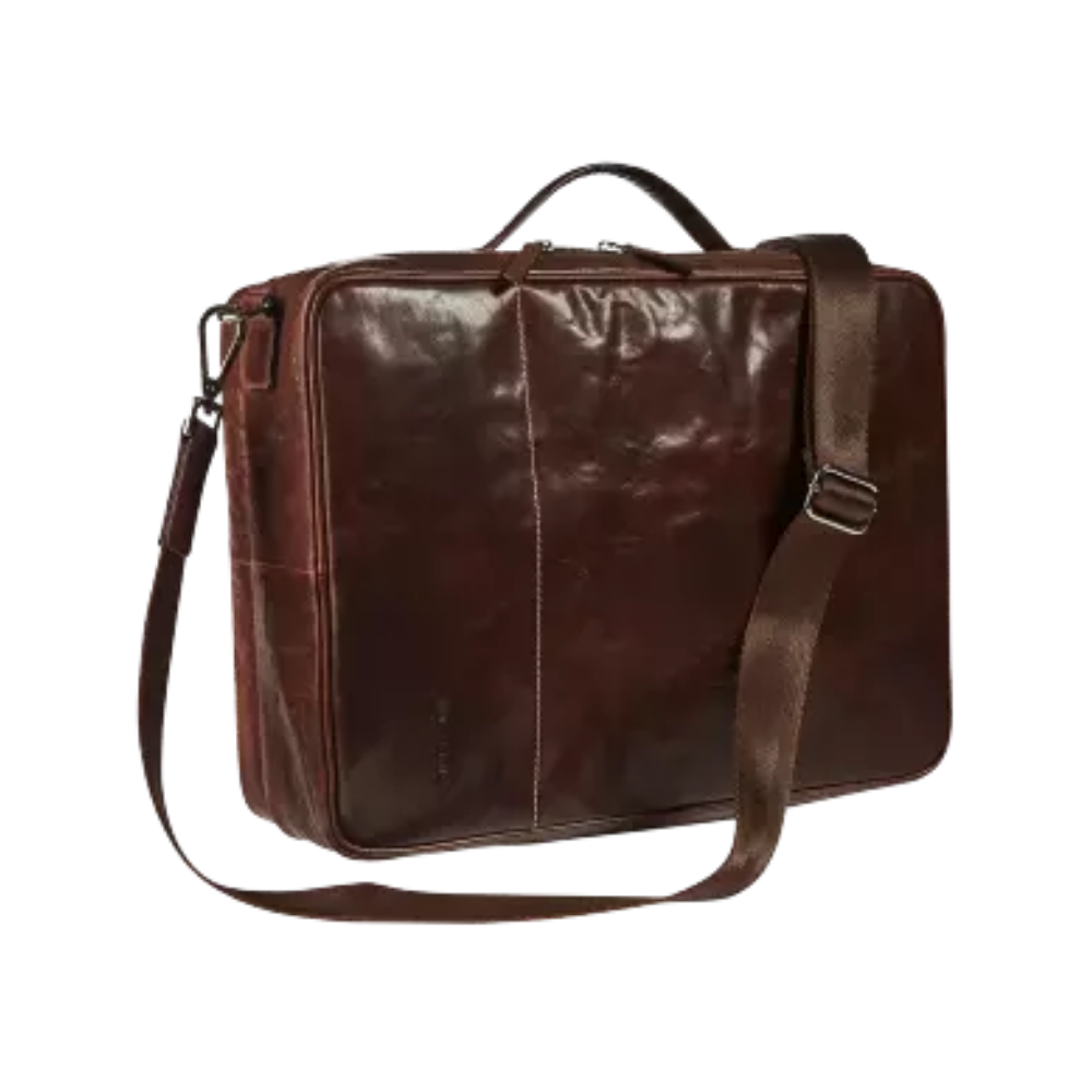 Brown leather 2-in-1 business bag and backpack, side view with embossed design on front.