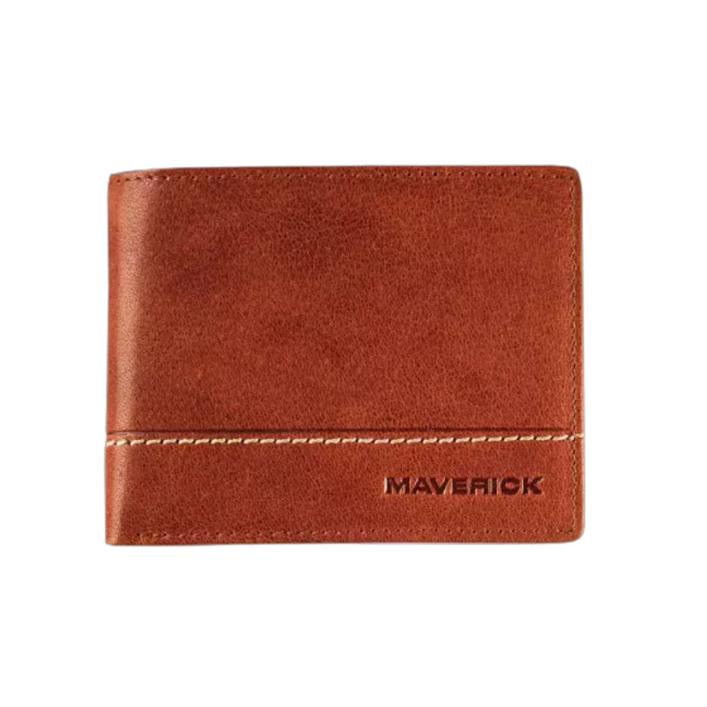 Maverick Rough Gear Leather Billfold RFID in cognac with embossed logo.