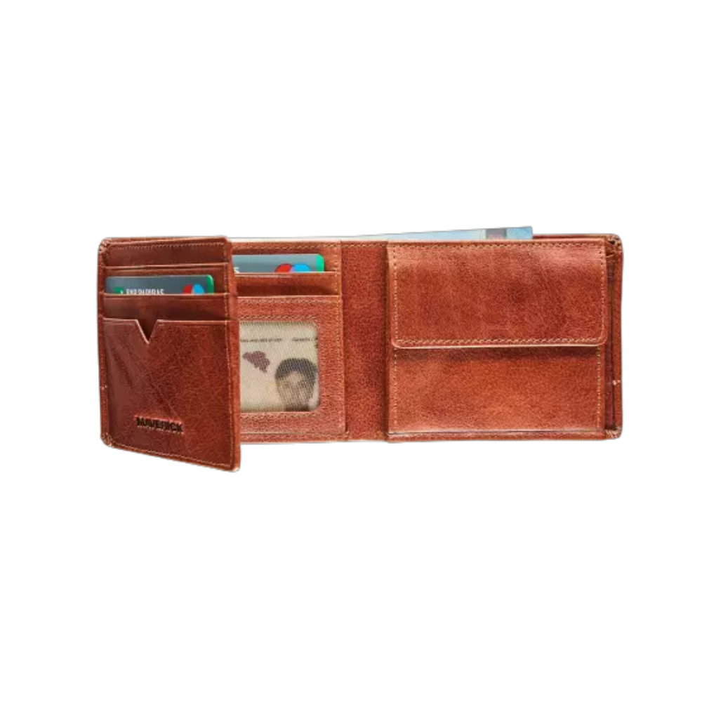 Interior view of Maverick Rough Gear Leather Billfold RFID showing card slots and banknote compartment.