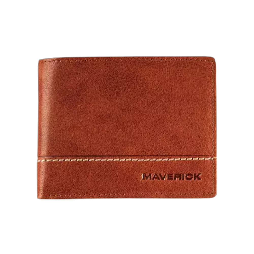 Maverick Rough Gear Leather Billfold RFID with 2 banknote pockets in cognac with embossed logo.