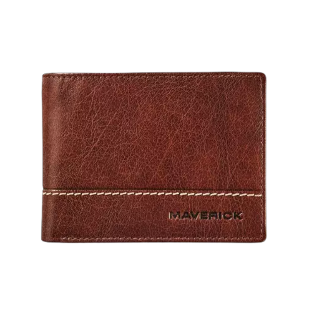 Maverick Rough Gear Leather Billfold RFID with coin pocket in brown with embossed logo.
