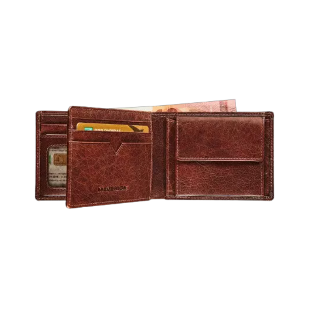Interior view of Maverick Rough Gear Leather Billfold RFID with coin pocket showing card slots and compartments.