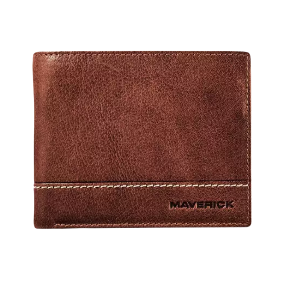 Front view of a brown leather wallet with the 'Maverick' logo and a sleek, minimalist design.