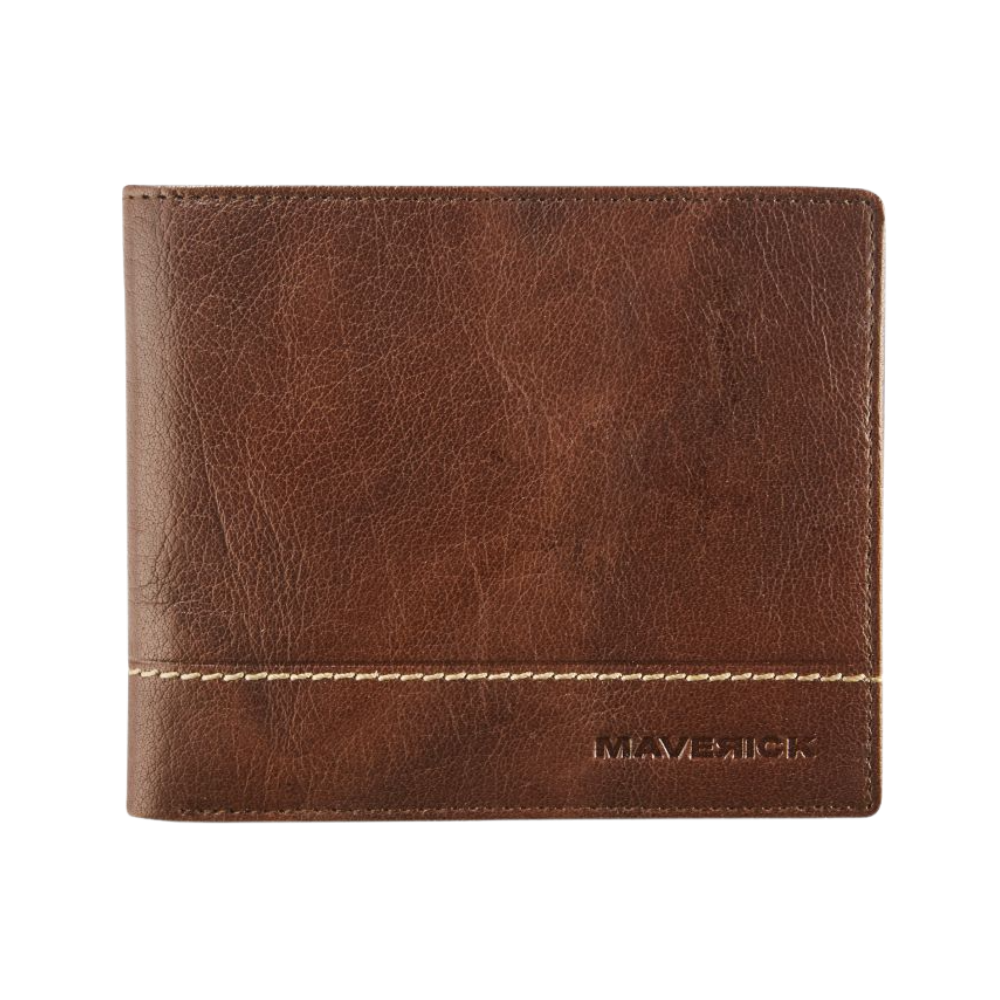 Front view of a brown leather wallet with the 'Maverick' logo and a sleek, minimalist design.