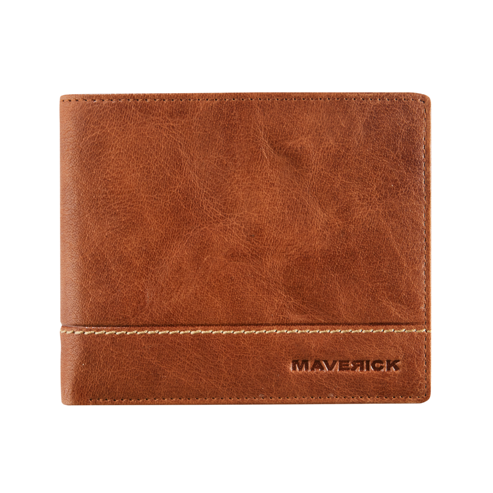 Front view of a cognac leather wallet with the 'Maverick' logo and a sleek, minimalist design.