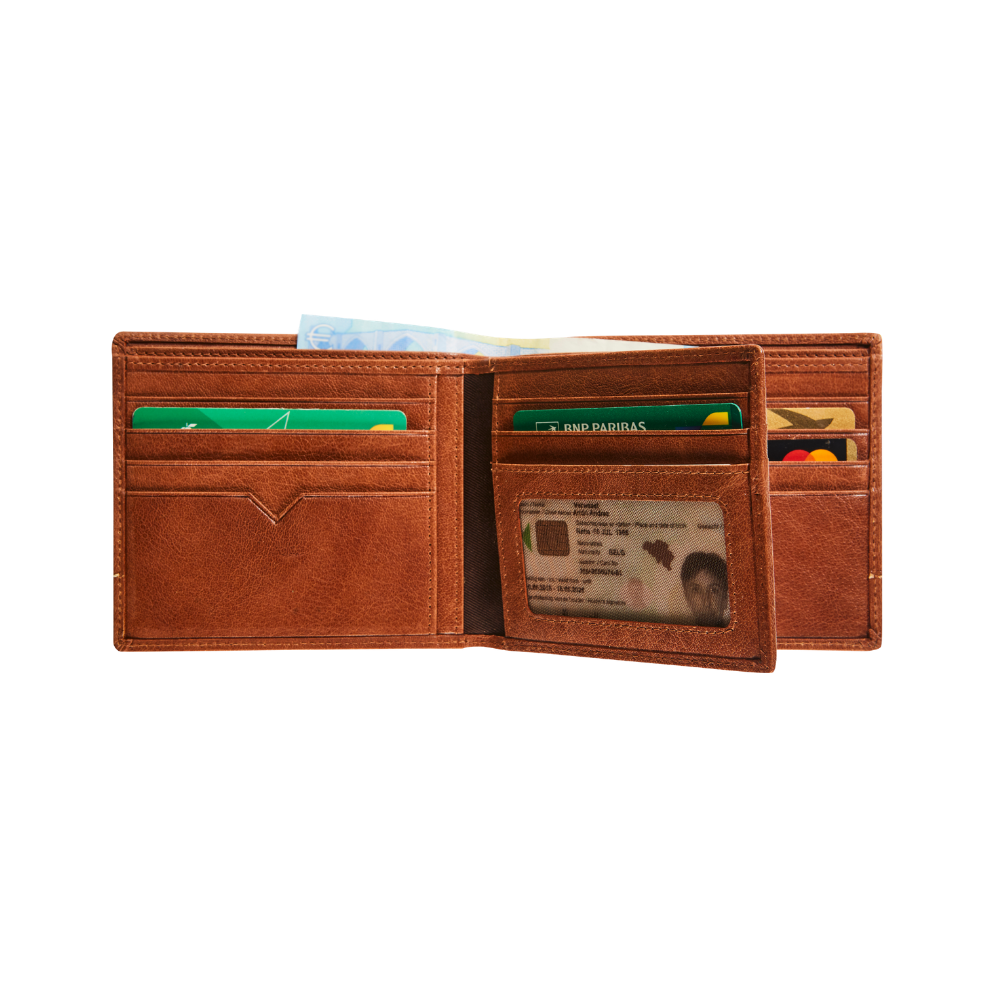 Close-up interior view of the cognac leather wallet with an organized layout for cards, ID, and bills.