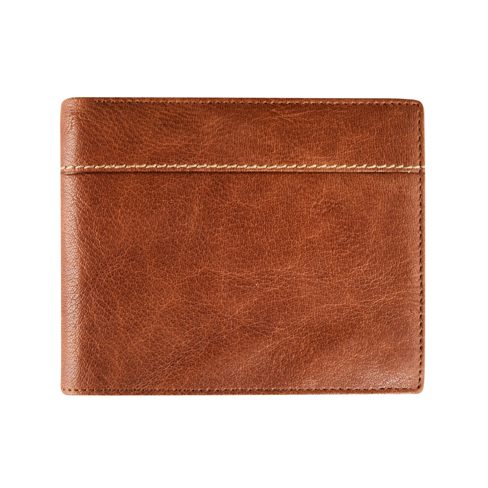 Interior view of the cognac leather wallet showing card slots, ID compartments, and a bill section.
