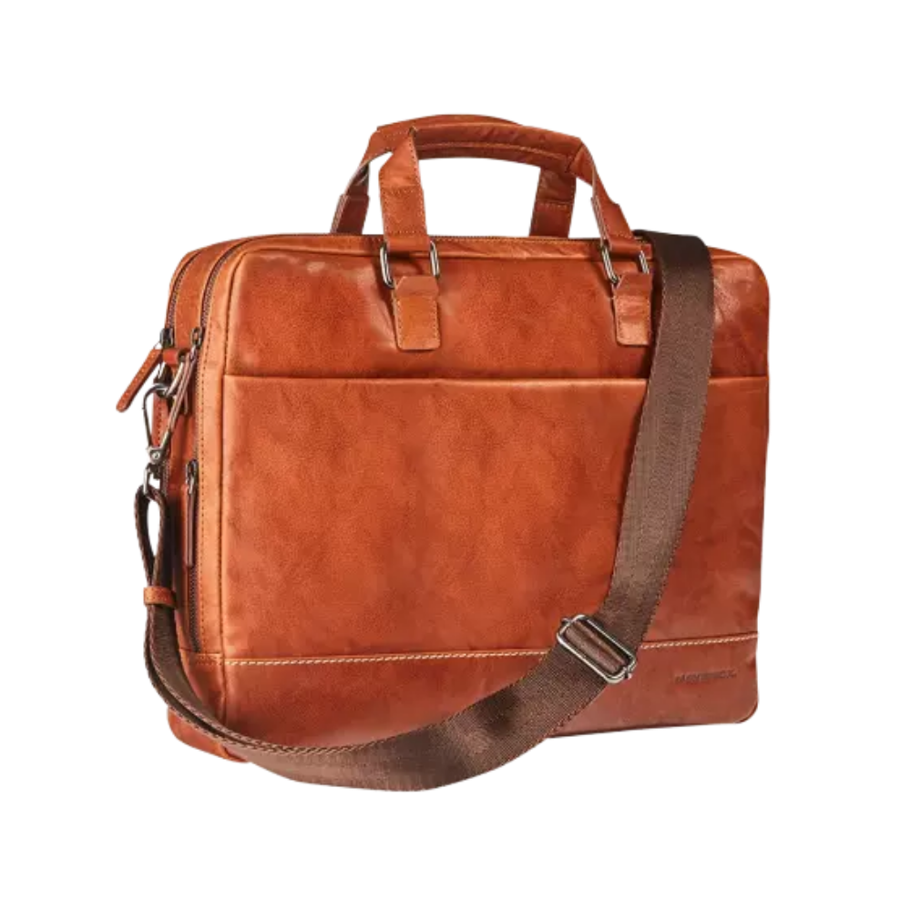 Cognac leather business bag with handle and detachable shoulder strap, front view.