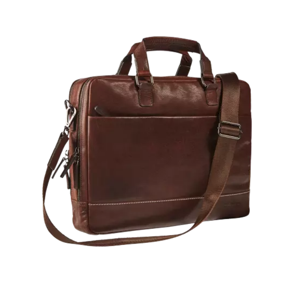 Side view of the brown leather business bag with detachable shoulder strap.