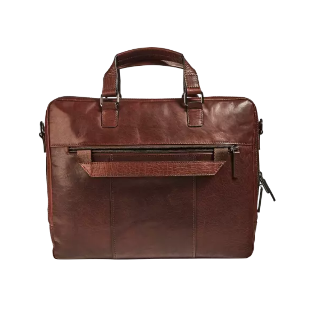 Front view of a brown leather business bag with handle and zipper pocket.