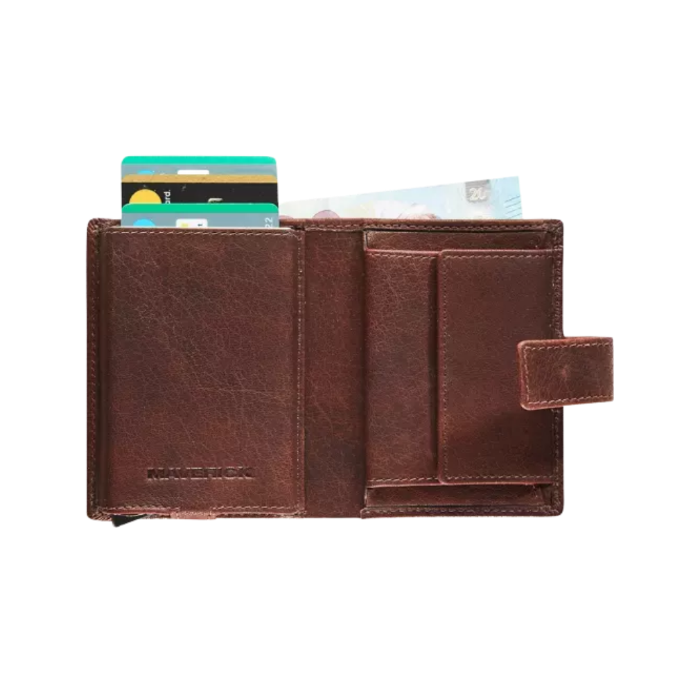 Side view of the Maverick Rough Gear Leather Cardprotector Compact RFID in brown, showing the interior with credit cards and a compartment for banknotes.