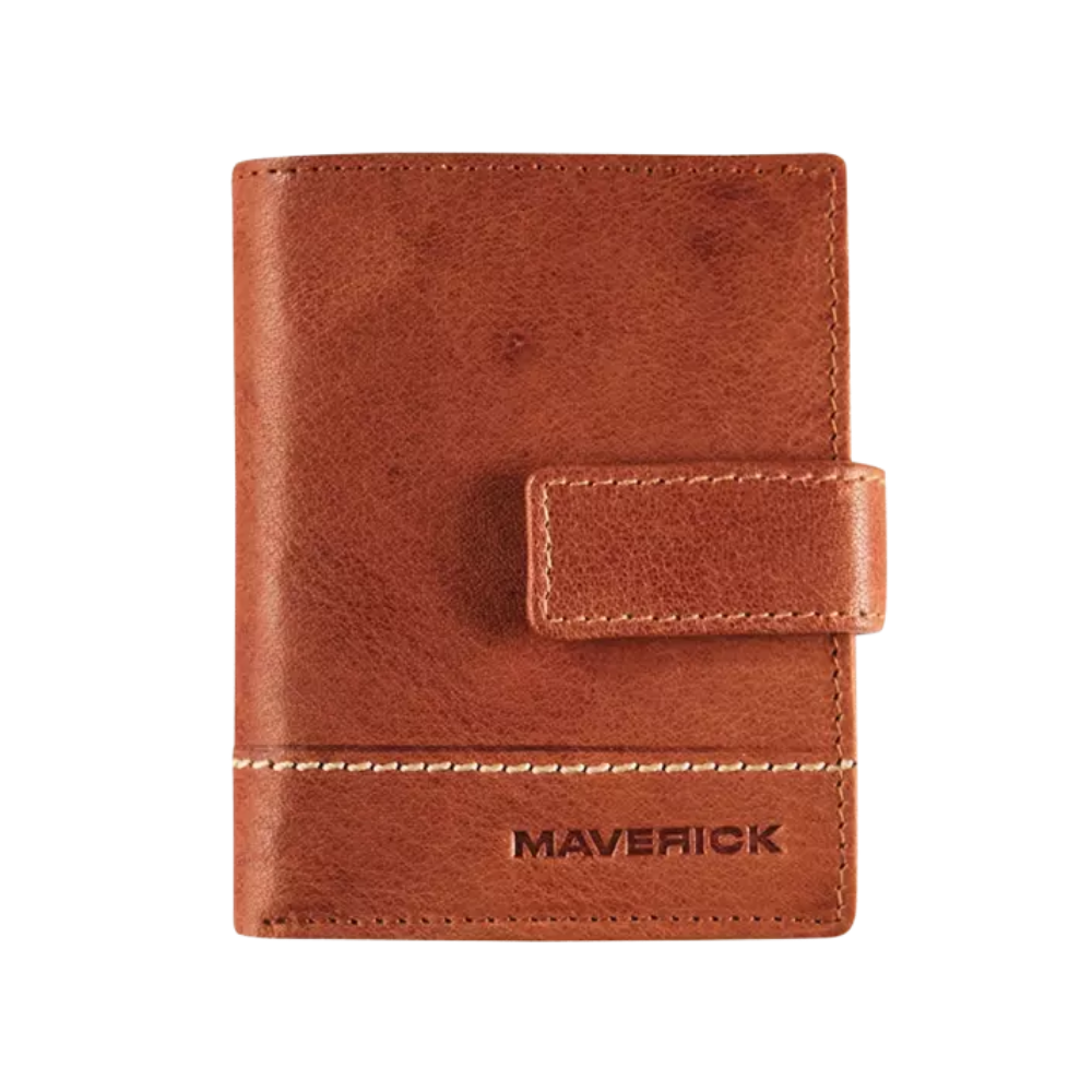 Cognac leather RFID card protector with magnetic closure, front view featuring the Maverick logo.