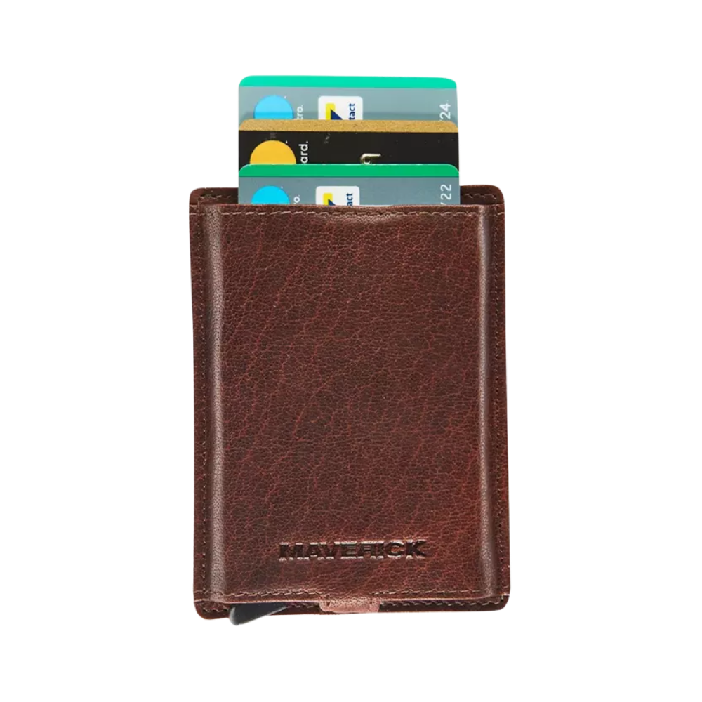 Front view of the Maverick Rough Gear Leather Cardprotector Slim RFID in brown, with several credit cards neatly stored inside.