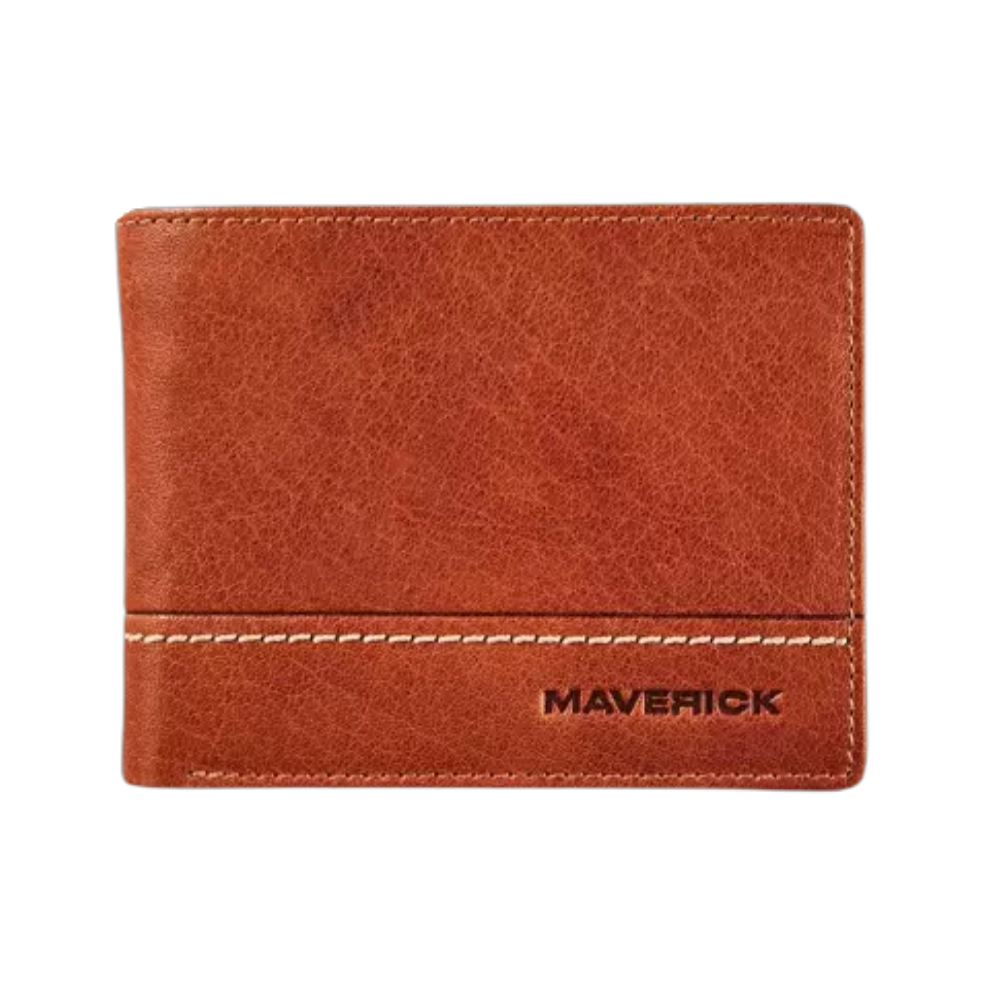 Maverick Rough Gear Leather Compact Billfold RFID in cognac with embossed logo.