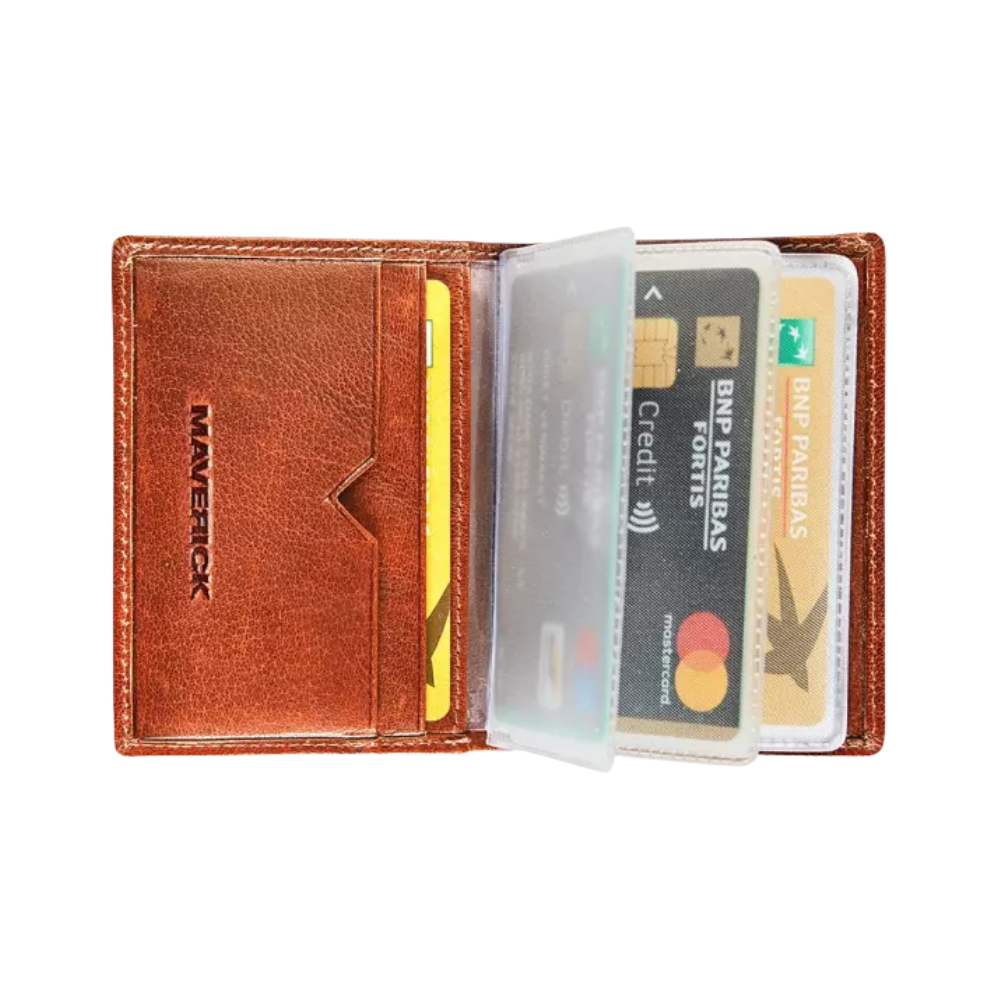 Maverick Rough Gear Leather Creditcard Holder RFID for 14 Cards - Cognac, open view showing the inside compartments for cards.
