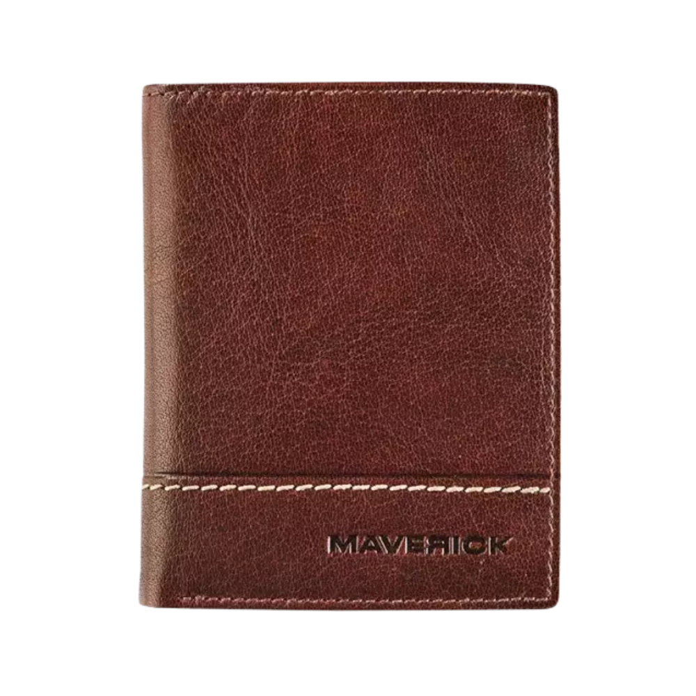 Front view of a brown leather wallet with the 'Maverick' logo and a sleek, minimalist design.