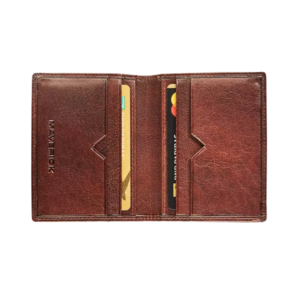 Interior view of the brown leather wallet showing card slots and a bill section.