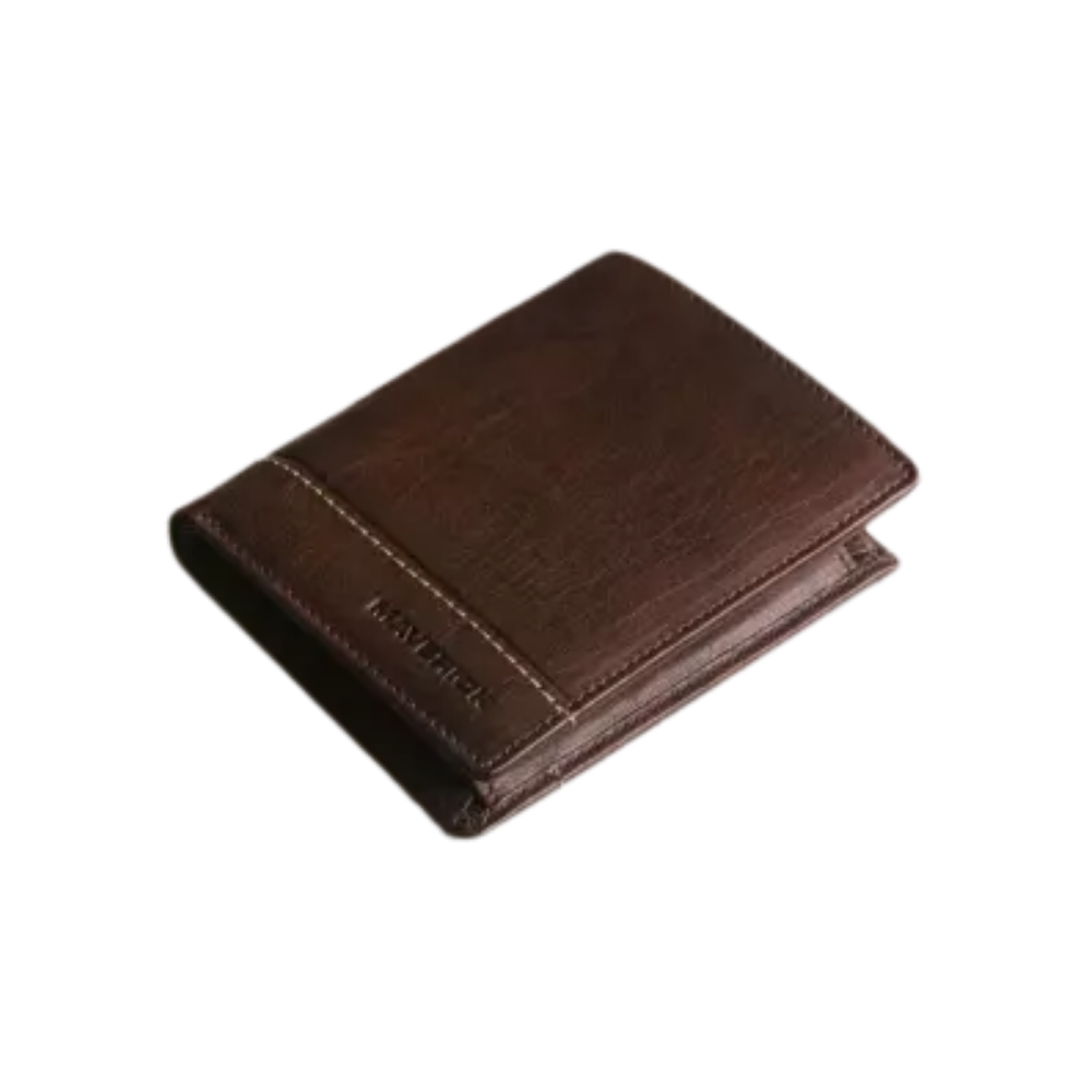 Side view of the brown leather wallet showing its compact design.