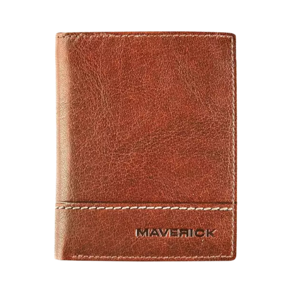 Front view of a cognac leather wallet with the 'Maverick' logo and a minimalist design.
