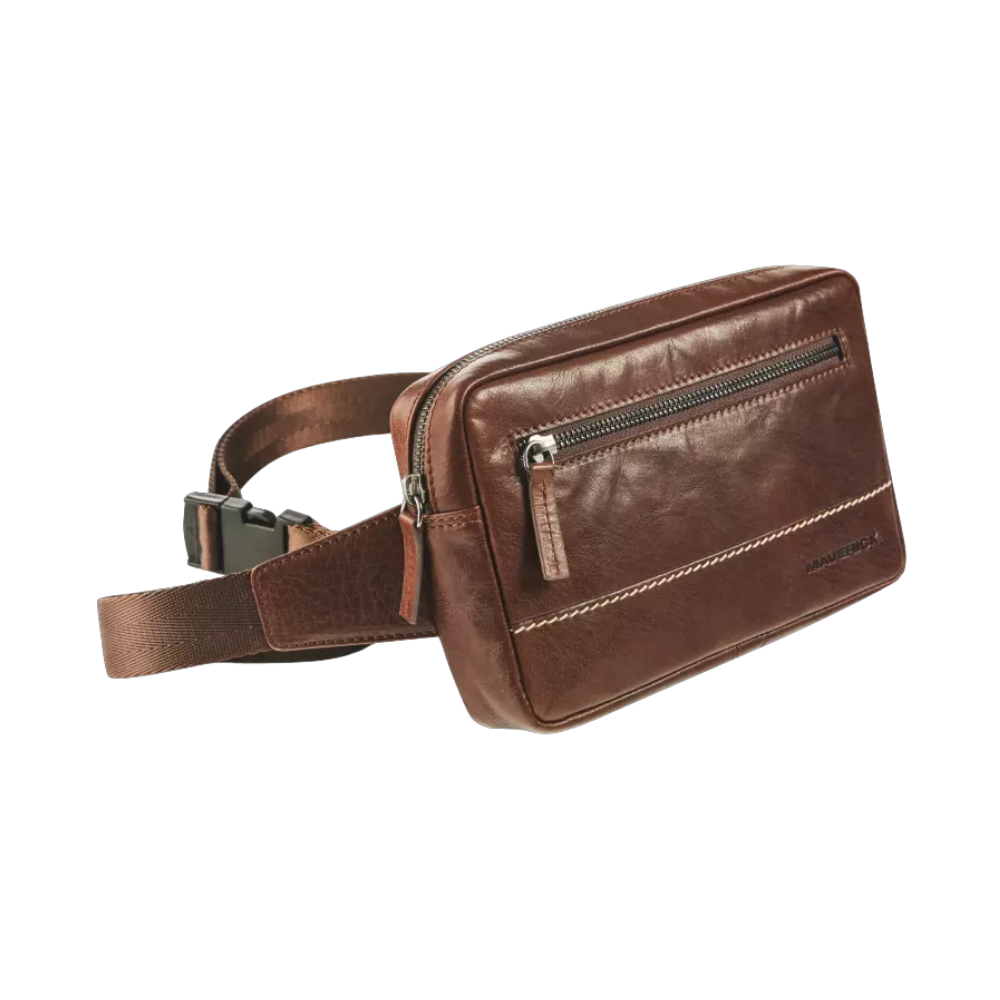 "Maverick Leder-Bauchtasche, braunes Leder, geschlossen"