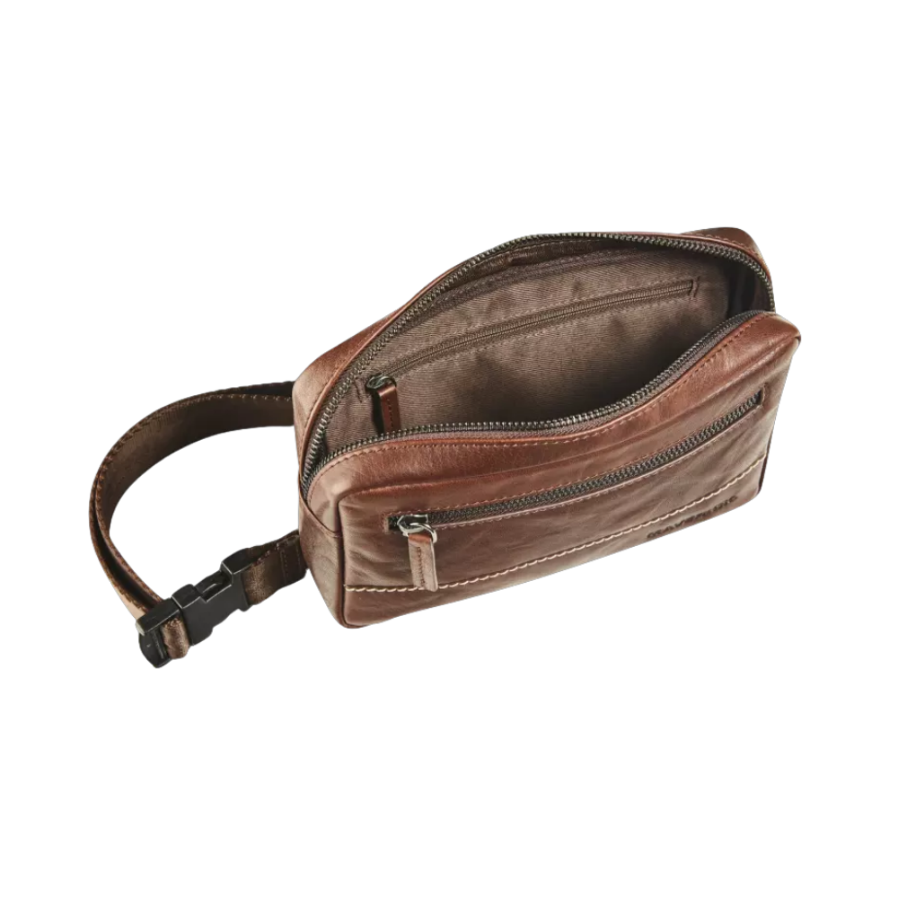 "Maverick Leder-Bauchtasche, braunes Leder, seitliche Ansicht geöffnet"