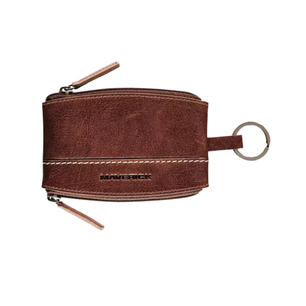 Side view of the brown Maverick leather double pocket coin purse, featuring key rings and a compact design.
