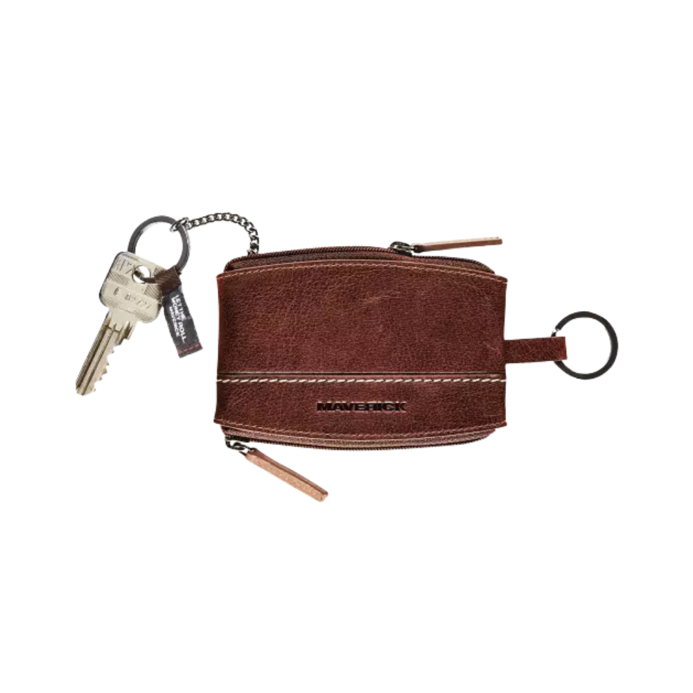 Brown Maverick leather double pocket coin purse with keychains, zippers, and a sturdy design.