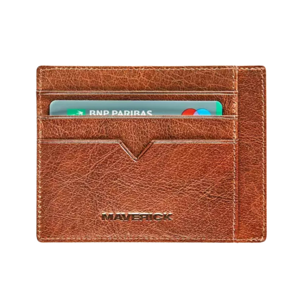 Maverick Rough Gear Leather Credit Card Wallet with Zipper - Cognac, Back View with Card Slot