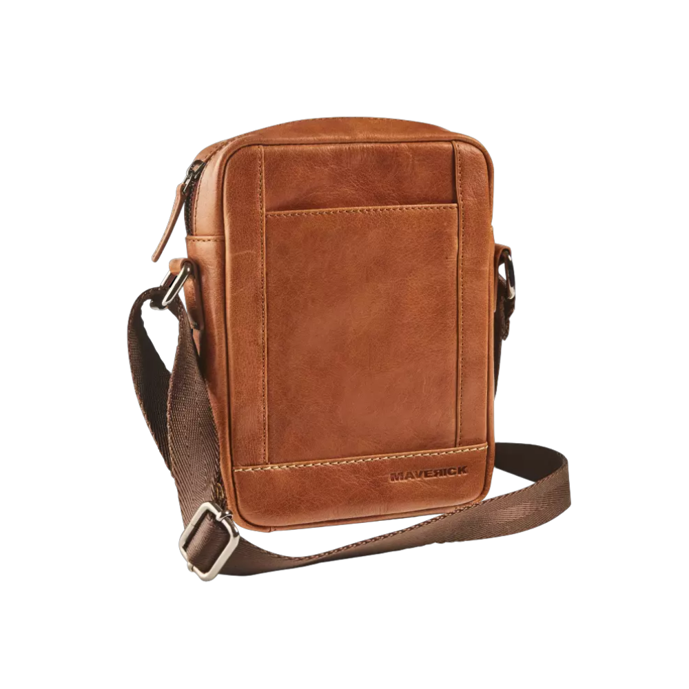 "Maverick Leder-Umhängetasche, braunes Leder, Rückansicht"