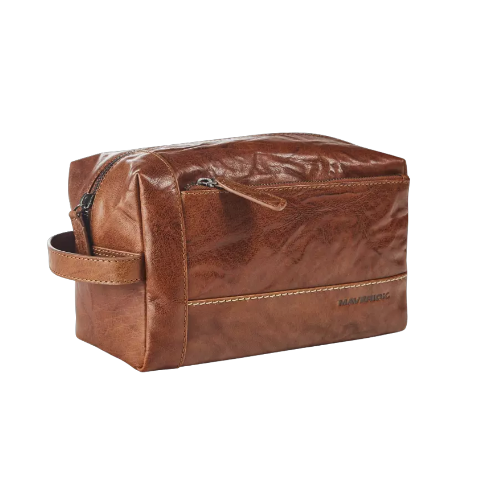 "Maverick Leder-Kosmetiktasche, braunes Leder, geschlossen mit Reißverschluss"