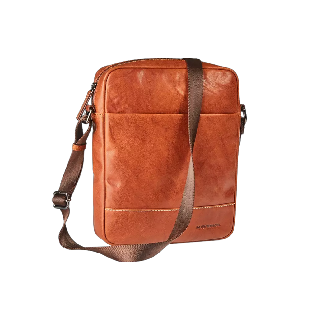 "Maverick Leder-Umhängetasche, braunes Leder, mit verstellbarem Schultergurt"