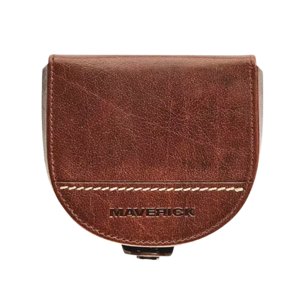 Front view of a brown Maverick leather coin pouch with a stitched logo.