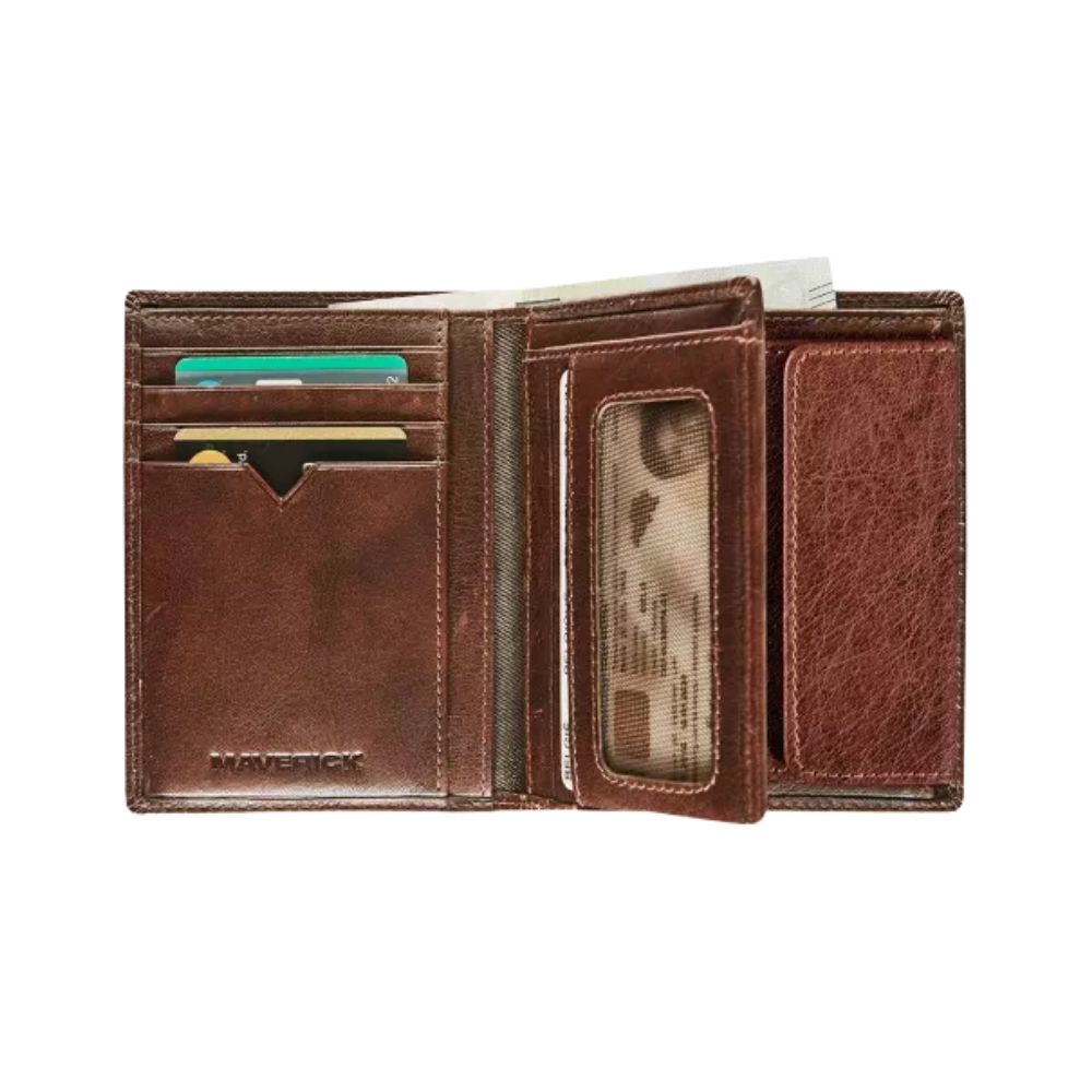 Interior view of the brown leather wallet showing card slots, ID compartments, and a bill section.