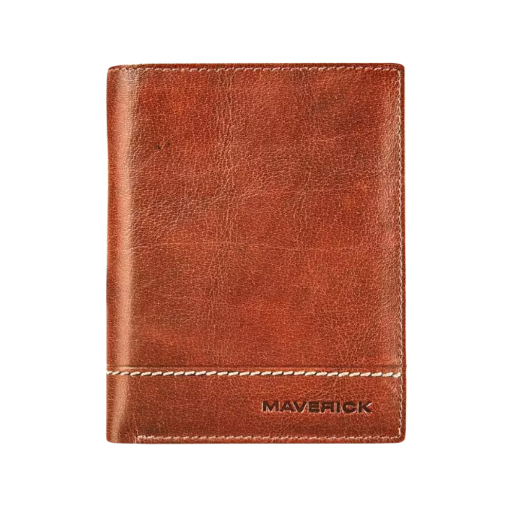 Front view of a cognac leather wallet with the 'Maverick' logo and a sleek, minimalist design.