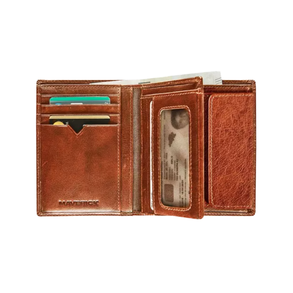 Interior view of the cognac leather wallet showing card slots, ID compartments, and a bill section.