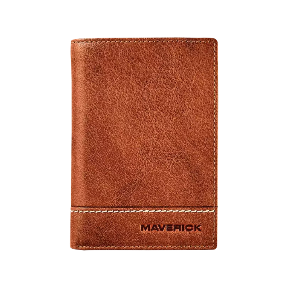 Front view of a cognac leather wallet with the 'Maverick' logo and a sleek, minimalist design.