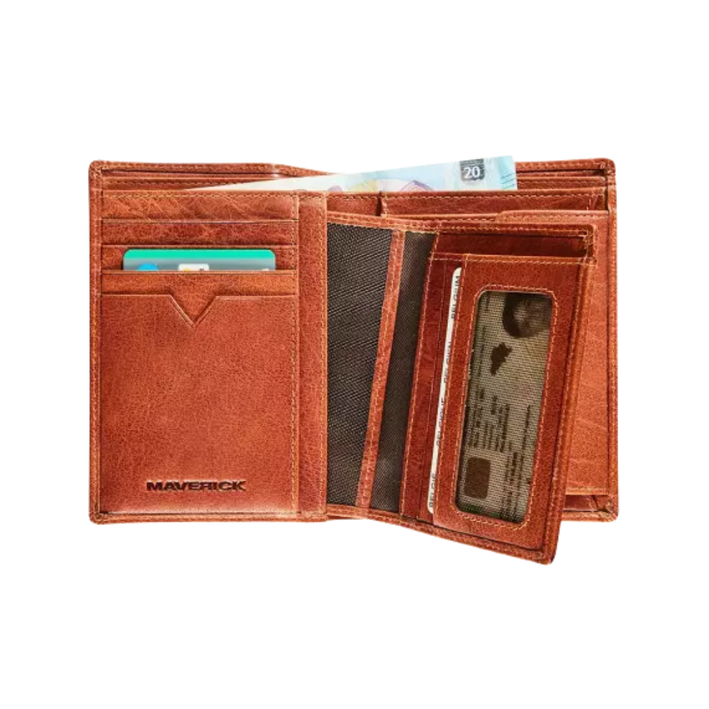Interior view of the cognac leather wallet showing card slots, ID compartments, and a bill section.