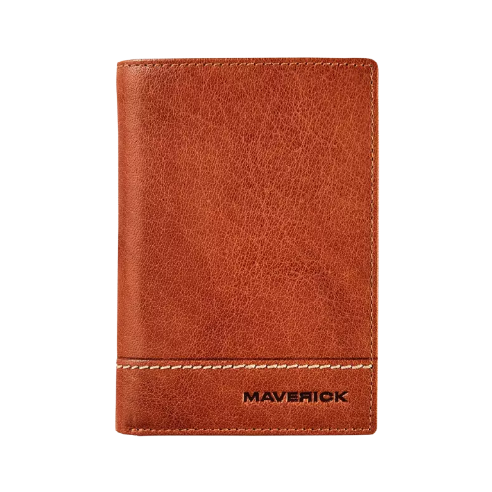 Front view of a cognac leather wallet with the 'Maverick' logo and a sleek, minimalist design.