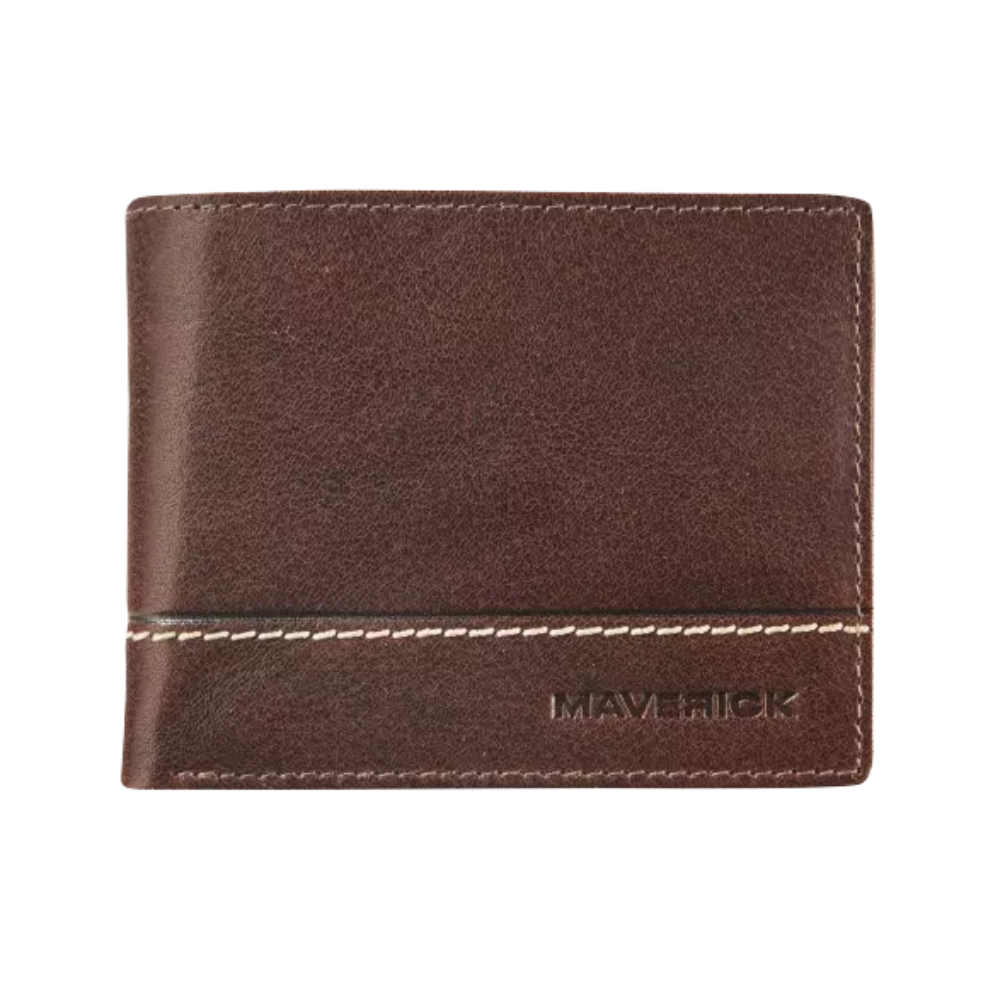 Front view of a brown leather wallet with the 'Maverick' logo and a sleek, minimalist design.
