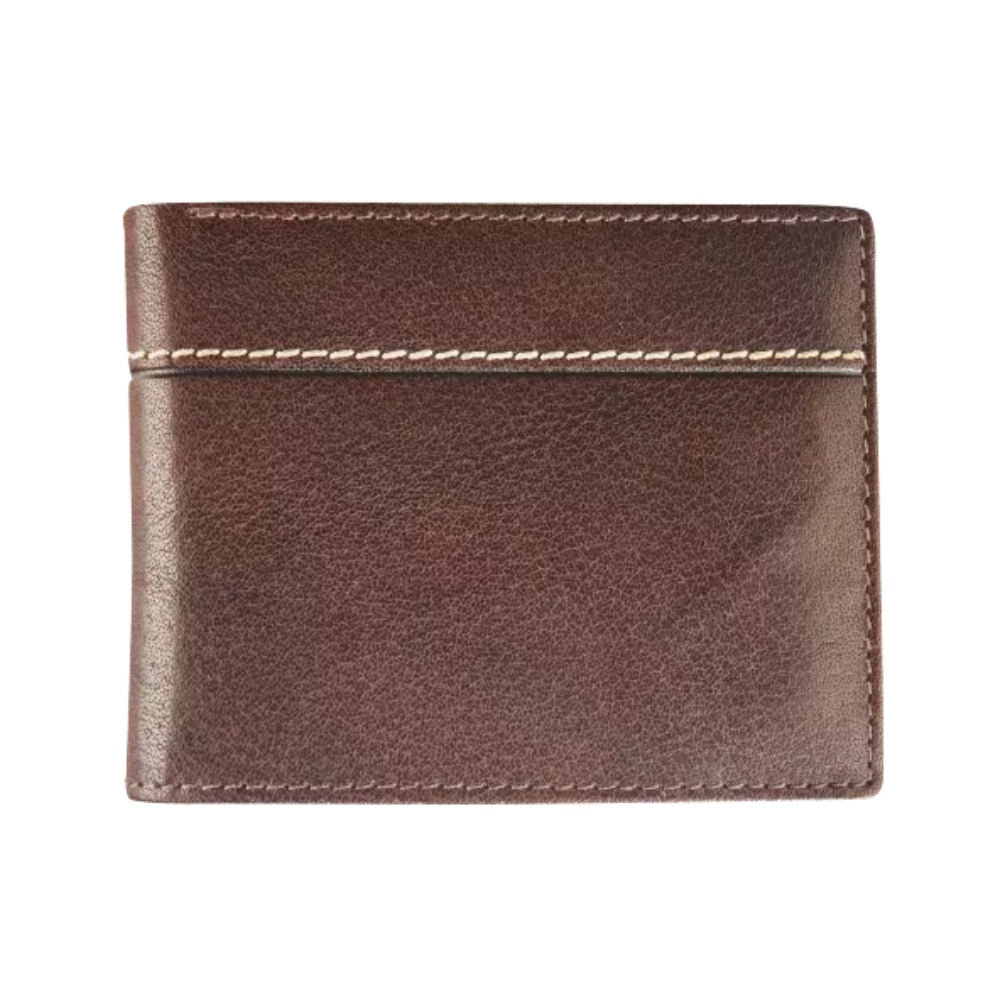 Back view of the brown leather wallet showing the simple design and smooth finish.