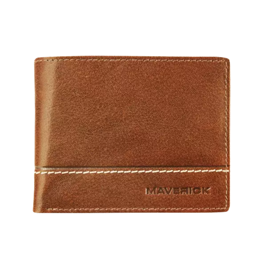 Front view of a cognac leather wallet with the 'Maverick' logo and sleek, minimalist design.