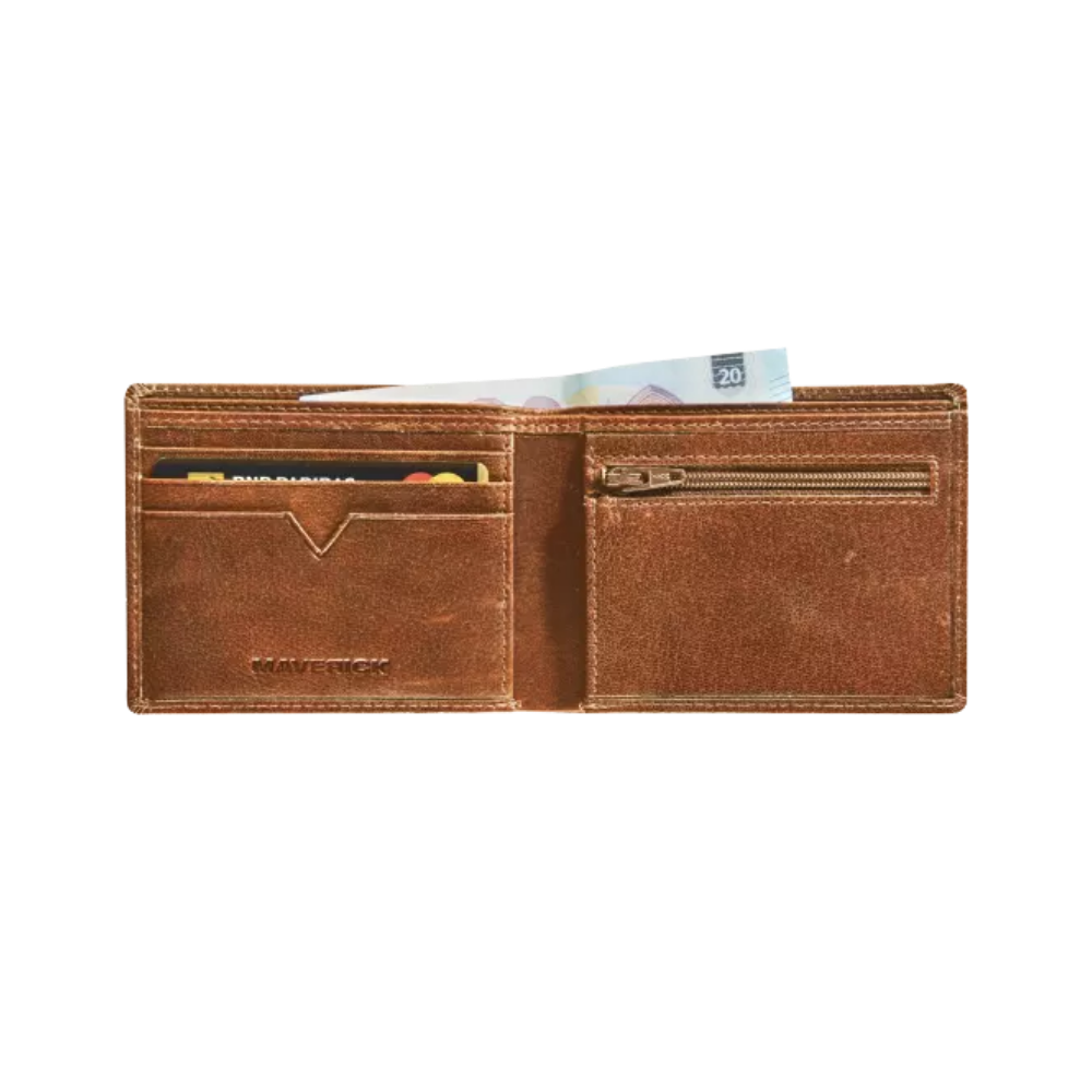 Interior view of the cognac leather wallet with card slots, ID compartments, and a zipper pocket.