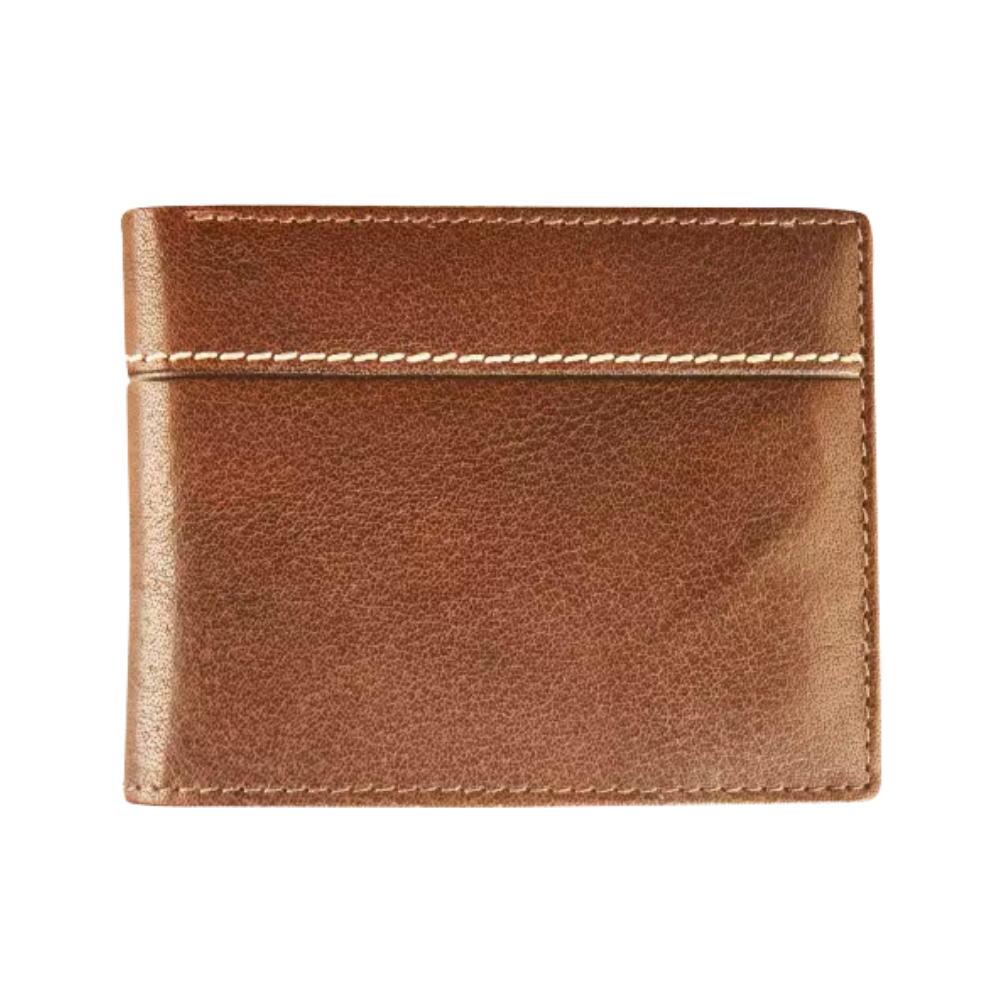 Back view of the cognac leather wallet showing a simple design and a zipper pocket.