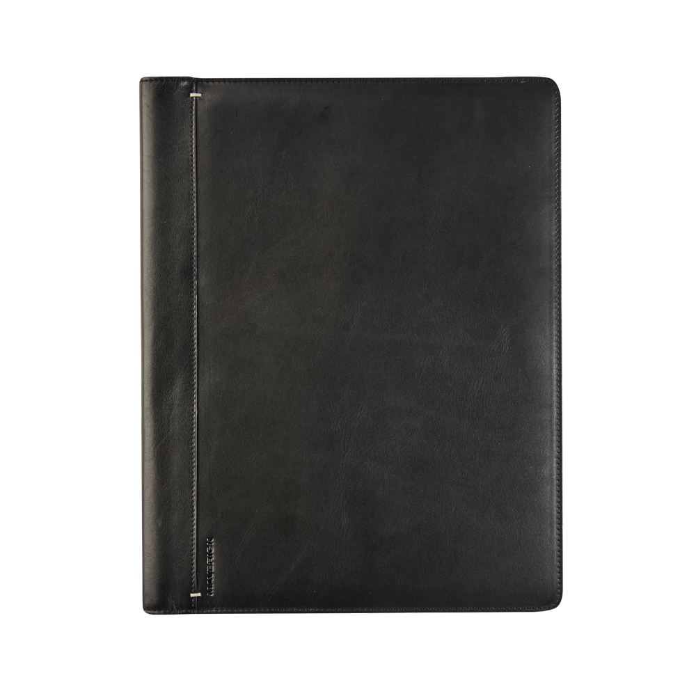 Front view of a black leather A4 conference folder with a sleek and minimalist design featuring the 'Maverick' logo.